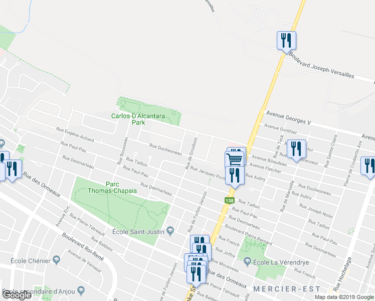 map of restaurants, bars, coffee shops, grocery stores, and more near 5105 Rue Duchesneau in Montréal