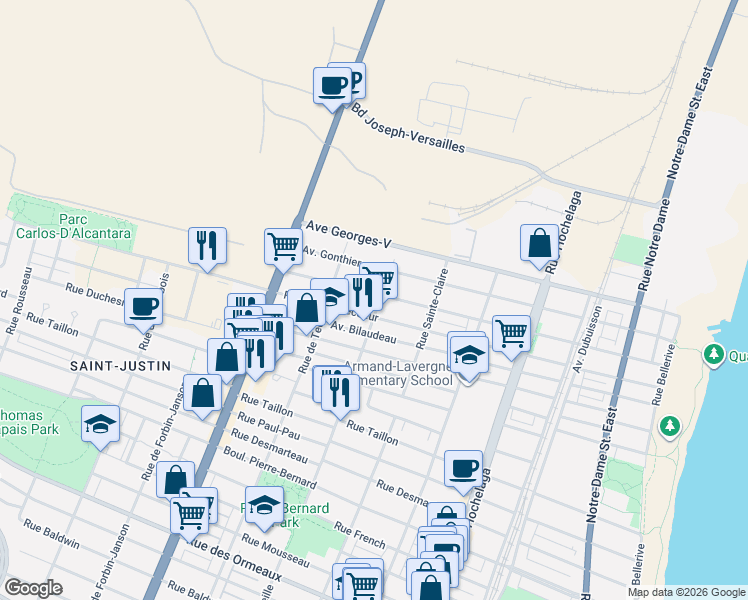 map of restaurants, bars, coffee shops, grocery stores, and more near 9587 Rue de Marseille in Montréal