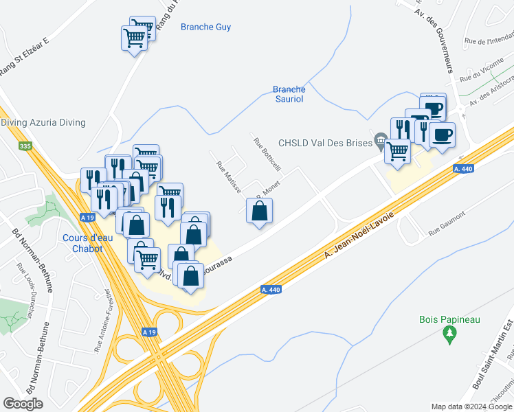 map of restaurants, bars, coffee shops, grocery stores, and more near 2330 Rue Monet in Laval