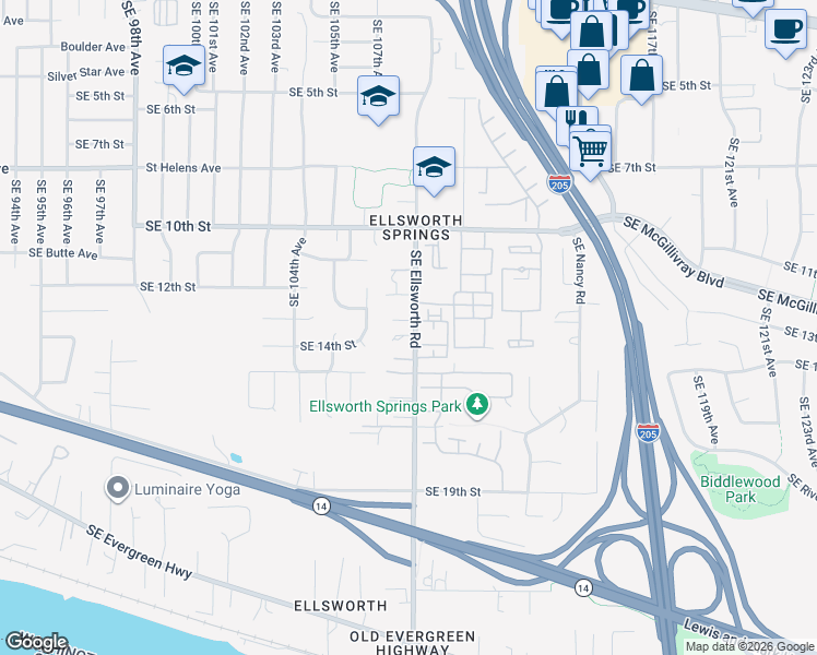 map of restaurants, bars, coffee shops, grocery stores, and more near 10723 Southeast 13th Circle in Vancouver