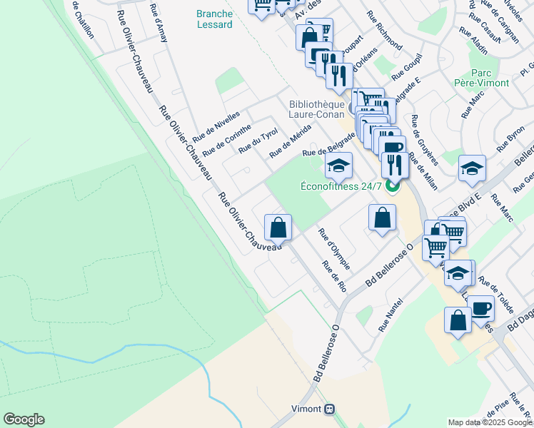 map of restaurants, bars, coffee shops, grocery stores, and more near 2324 Rue de Rio in Laval