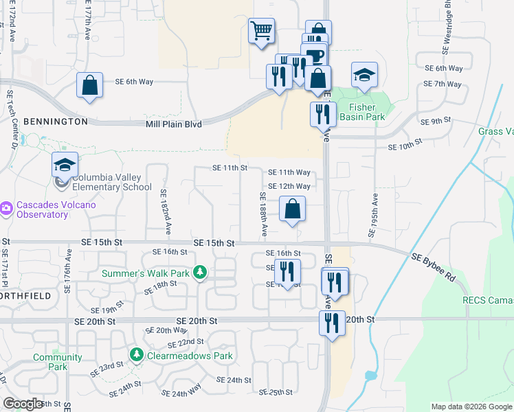 map of restaurants, bars, coffee shops, grocery stores, and more near 1211 Southeast 187th Avenue in Vancouver
