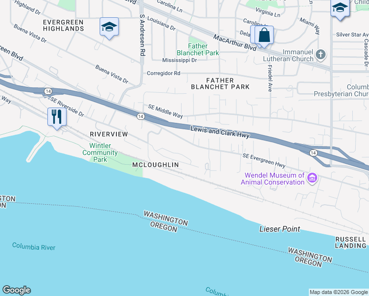 map of restaurants, bars, coffee shops, grocery stores, and more near 7111 Southeast Evergreen Highway in Vancouver