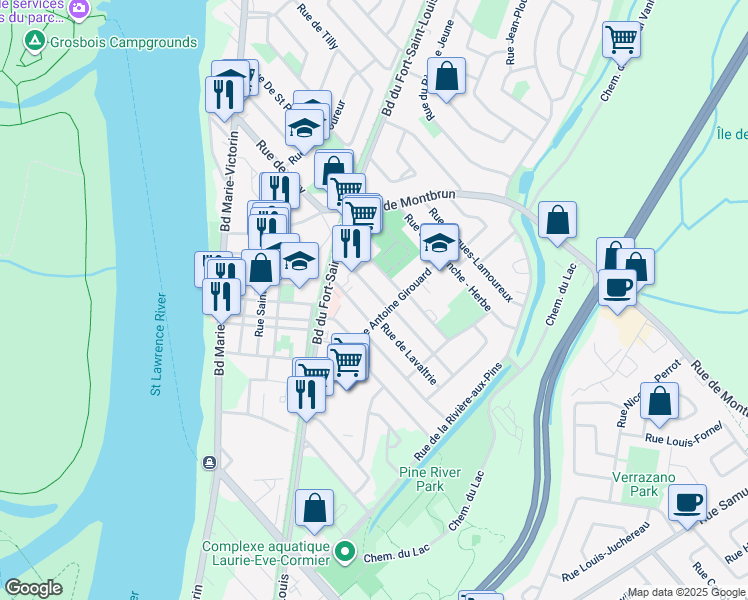 map of restaurants, bars, coffee shops, grocery stores, and more near 86 Rue de la Perrière Sud in Boucherville