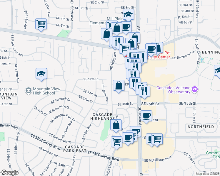 map of restaurants, bars, coffee shops, grocery stores, and more near 15910 Southeast 13th Circle in Vancouver