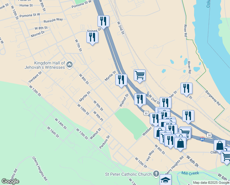 map of restaurants, bars, coffee shops, grocery stores, and more near 2101 West 7th Street in The Dalles
