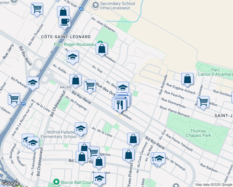 map of restaurants, bars, coffee shops, grocery stores, and more near 6991 Rue des Ormeaux in Montréal