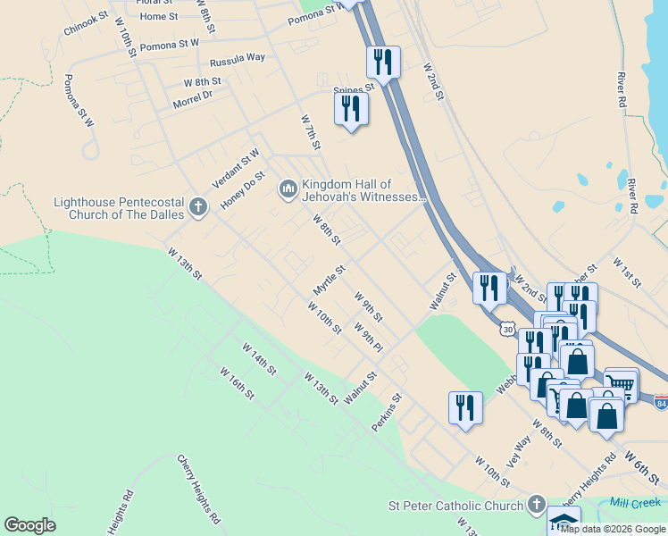map of restaurants, bars, coffee shops, grocery stores, and more near 917 Myrtle Street in The Dalles