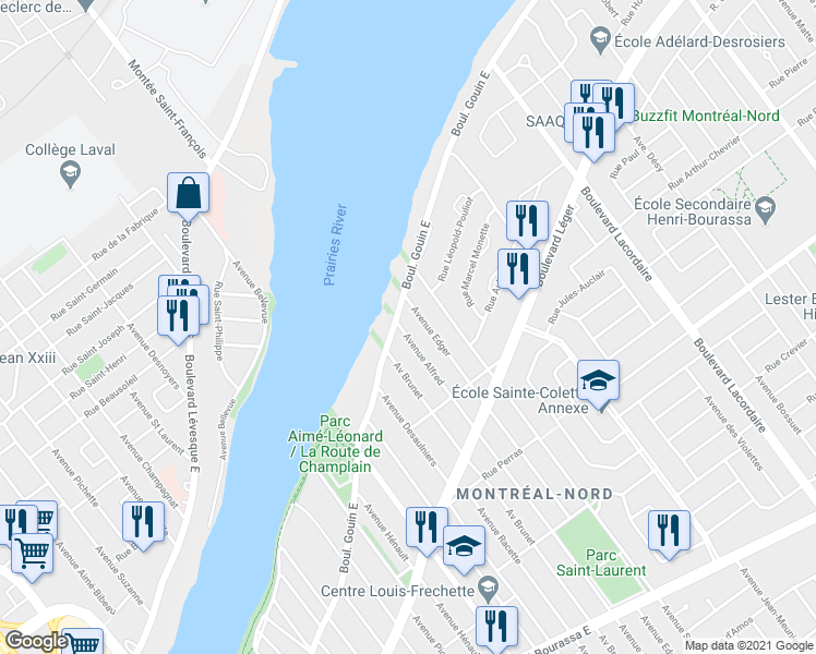 map of restaurants, bars, coffee shops, grocery stores, and more near 12395 Avenue Alfred in Montréal