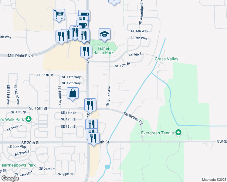 map of restaurants, bars, coffee shops, grocery stores, and more near 1309 Southeast 195th Avenue in Camas