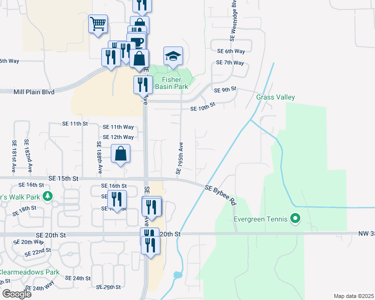 map of restaurants, bars, coffee shops, grocery stores, and more near 1309 Southeast 195th Avenue in Camas