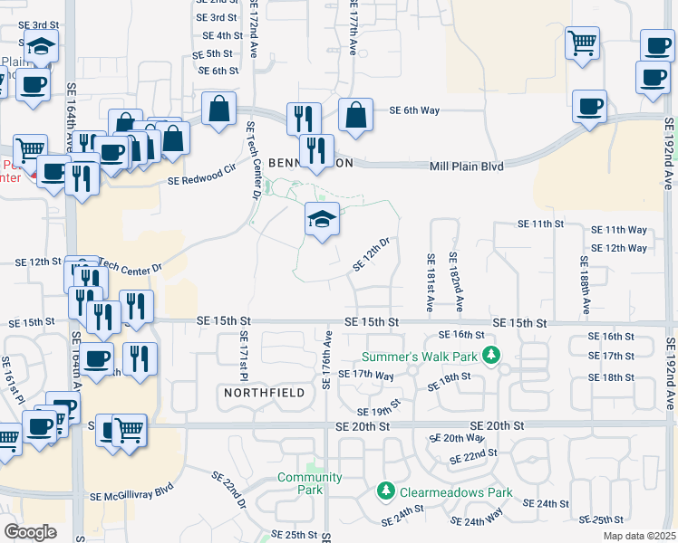 map of restaurants, bars, coffee shops, grocery stores, and more near 17612 Southeast 12th Drive in Vancouver