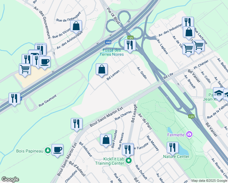 map of restaurants, bars, coffee shops, grocery stores, and more near 1245 Rue Saint Nicolas in Laval
