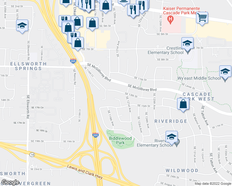 map of restaurants, bars, coffee shops, grocery stores, and more near 12010 Southeast 13th Street in Vancouver