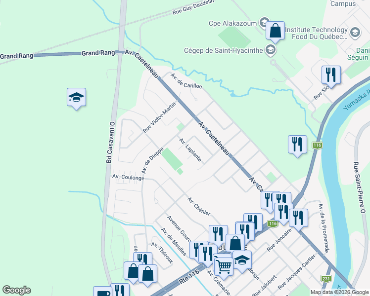 map of restaurants, bars, coffee shops, grocery stores, and more near 1805 Avenue Laplante in Saint-Hyacinthe