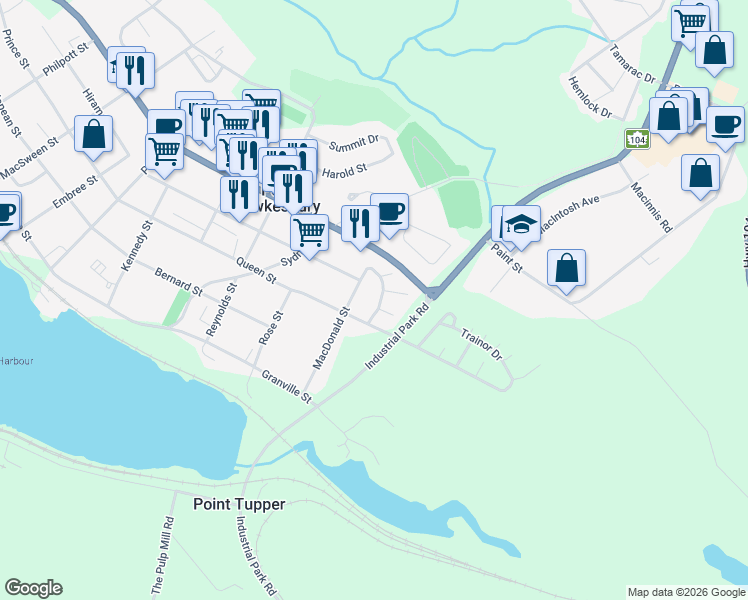 map of restaurants, bars, coffee shops, grocery stores, and more near 16 Macleod Avenue in Port Hawkesbury