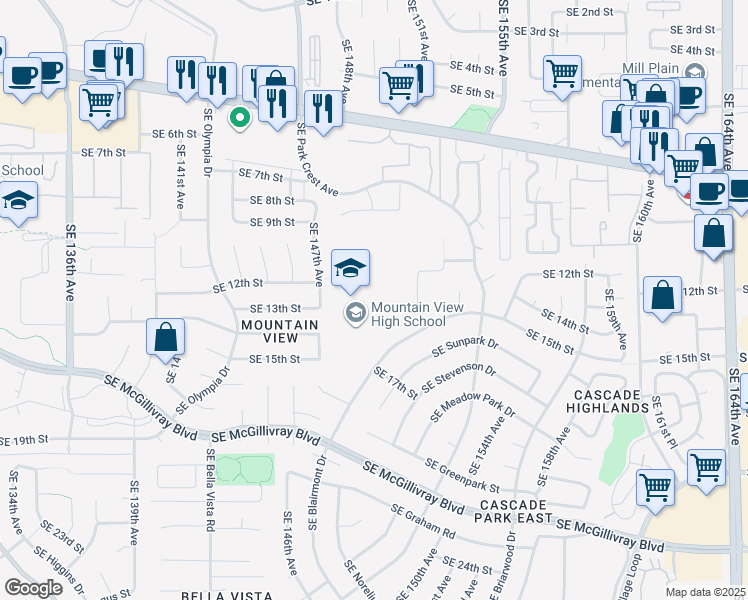 map of restaurants, bars, coffee shops, grocery stores, and more near 1500 Southeast Blairmont Drive in Vancouver