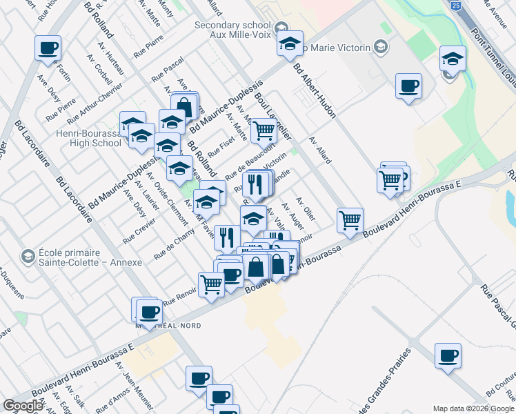 map of restaurants, bars, coffee shops, grocery stores, and more near 6347 Rue de Dijon in Montréal