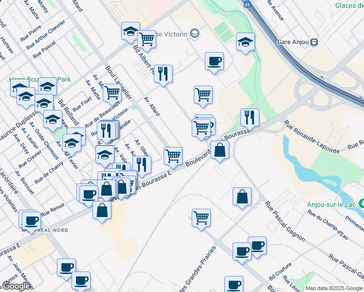 map of restaurants, bars, coffee shops, grocery stores, and more near 11415 Avenue Allard in Montreal