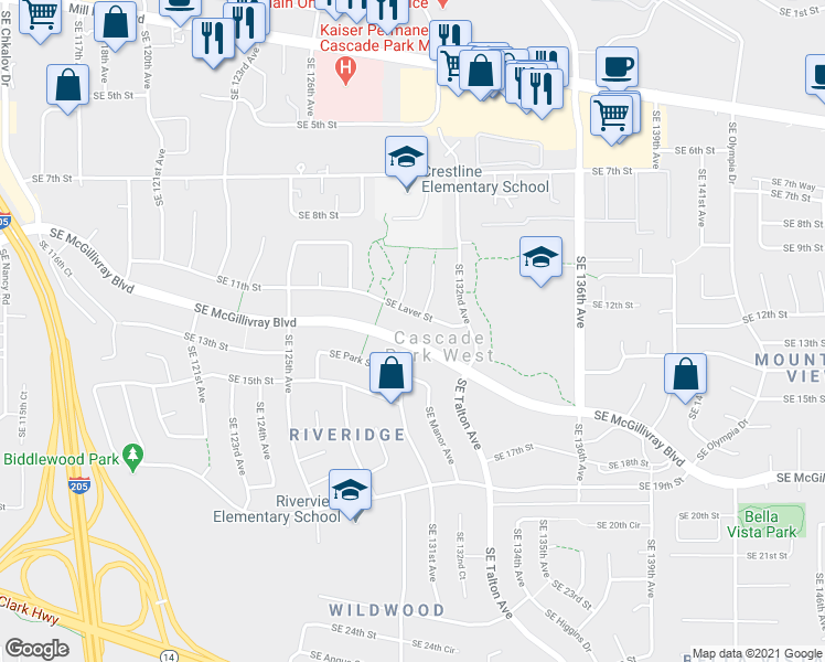 map of restaurants, bars, coffee shops, grocery stores, and more near 12904 Southeast McGillivray Boulevard in Vancouver