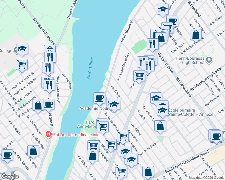 map of restaurants, bars, coffee shops, grocery stores, and more near 12402 Avenue Edger in Montréal