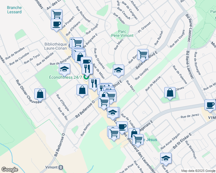 map of restaurants, bars, coffee shops, grocery stores, and more near 15 Bellerose Boulevard East in Laval