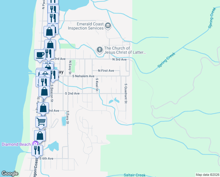 map of restaurants, bars, coffee shops, grocery stores, and more near 151 South Neptune Street in Rockaway Beach