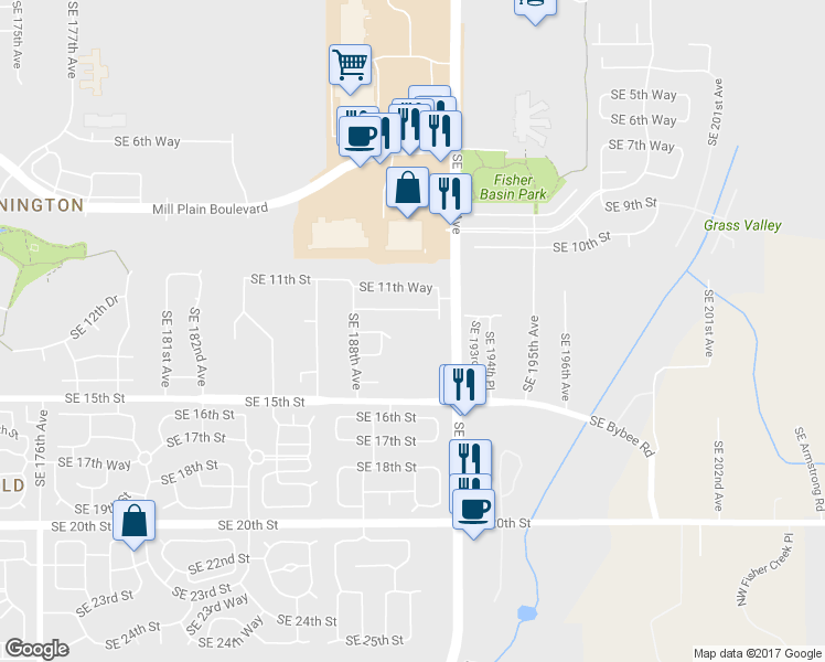 map of restaurants, bars, coffee shops, grocery stores, and more near 1320 Southeast 192nd Avenue in Vancouver