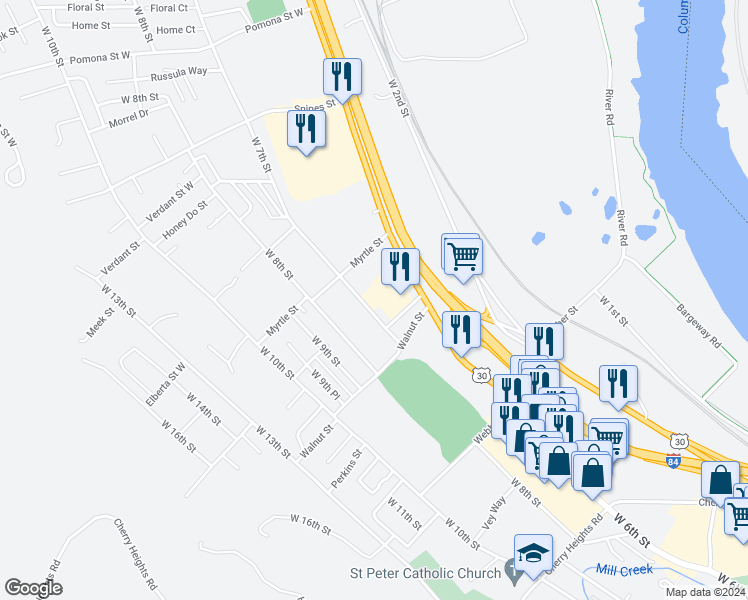 map of restaurants, bars, coffee shops, grocery stores, and more near 2113 West 7th Street in The Dalles