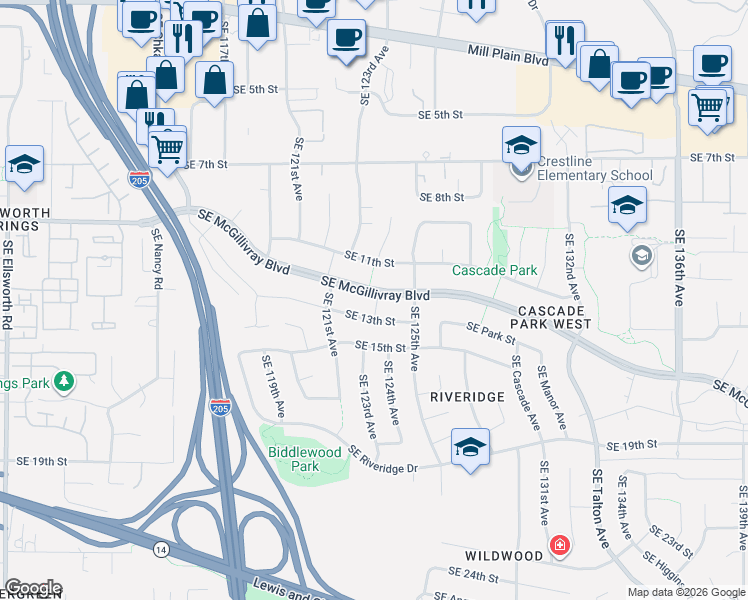 map of restaurants, bars, coffee shops, grocery stores, and more near 12311 Southeast McGillivray Boulevard in Vancouver