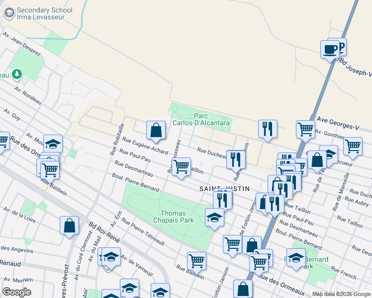map of restaurants, bars, coffee shops, grocery stores, and more near 5490 Rue Duchesneau in Montréal