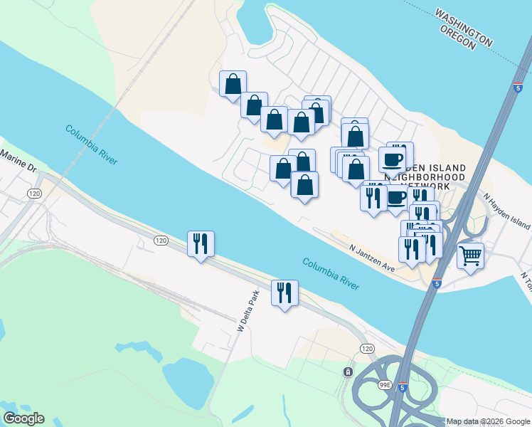 map of restaurants, bars, coffee shops, grocery stores, and more near 1987 North Jantzen Avenue in Portland