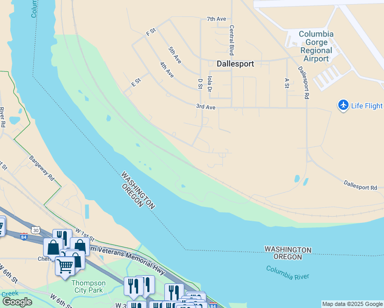 map of restaurants, bars, coffee shops, grocery stores, and more near 424 Sunridge Avenue in Dallesport