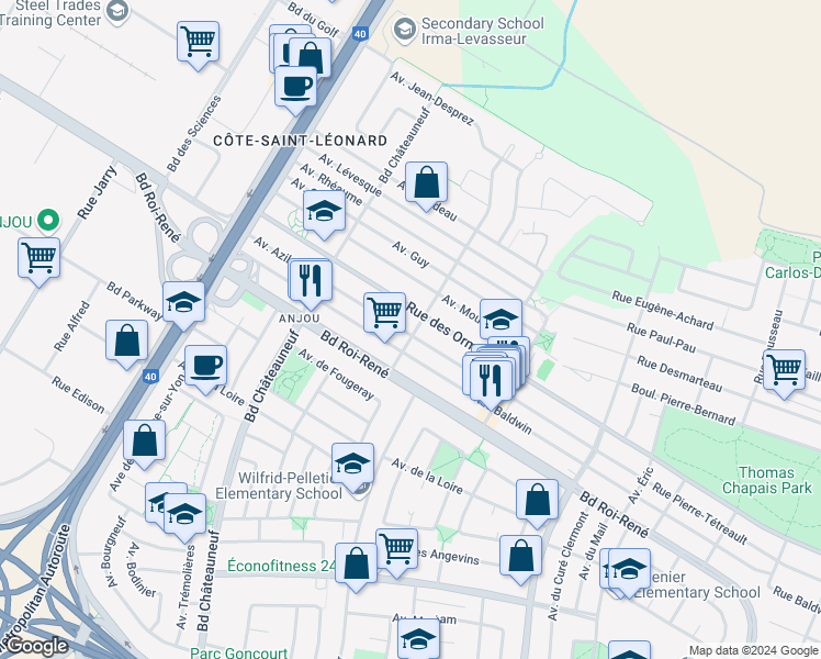 map of restaurants, bars, coffee shops, grocery stores, and more near 8677 Avenue Georges in Montreal