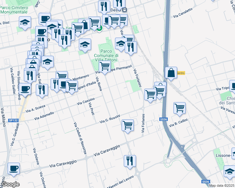map of restaurants, bars, coffee shops, grocery stores, and more near 92 Via Luigi Pirandello in Desio