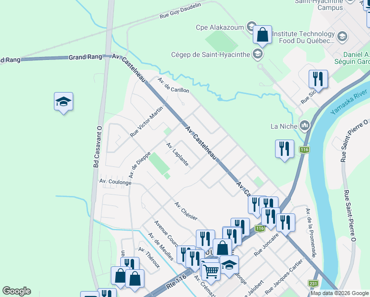 map of restaurants, bars, coffee shops, grocery stores, and more near 1765 Avenue Chateauguay in Saint-Hyacinthe