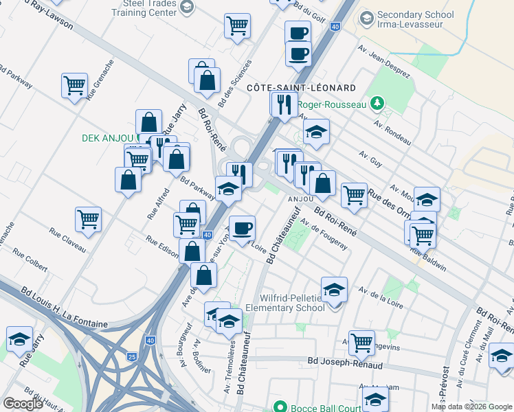 map of restaurants, bars, coffee shops, grocery stores, and more near 7802 Avenue Pigeon in Montréal