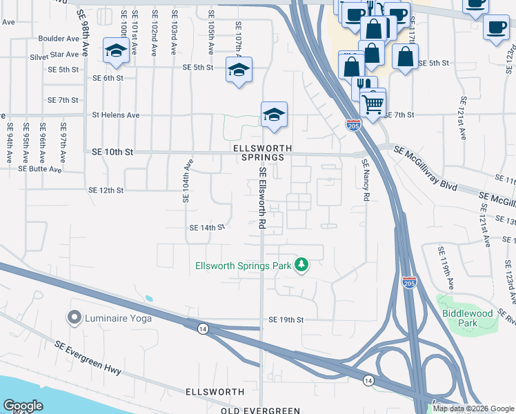 map of restaurants, bars, coffee shops, grocery stores, and more near 10718 Southeast 13th Circle in Vancouver