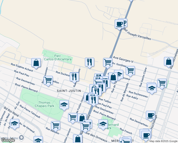 map of restaurants, bars, coffee shops, grocery stores, and more near 5030 Rue de Contrecoeur in Montréal