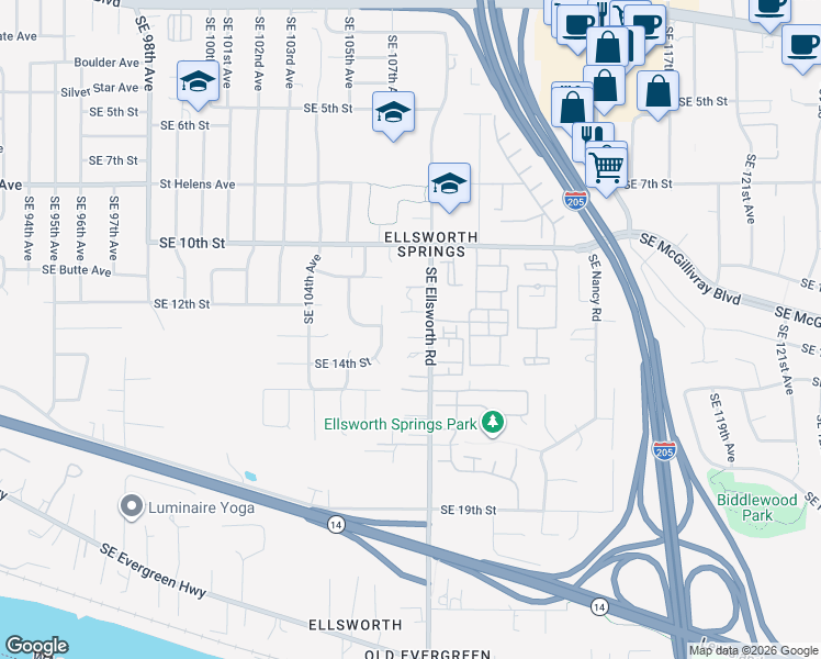 map of restaurants, bars, coffee shops, grocery stores, and more near 10710 Southeast 13th Circle in Vancouver