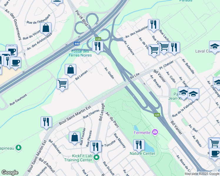 map of restaurants, bars, coffee shops, grocery stores, and more near 3983 Boulevard Lite in Laval
