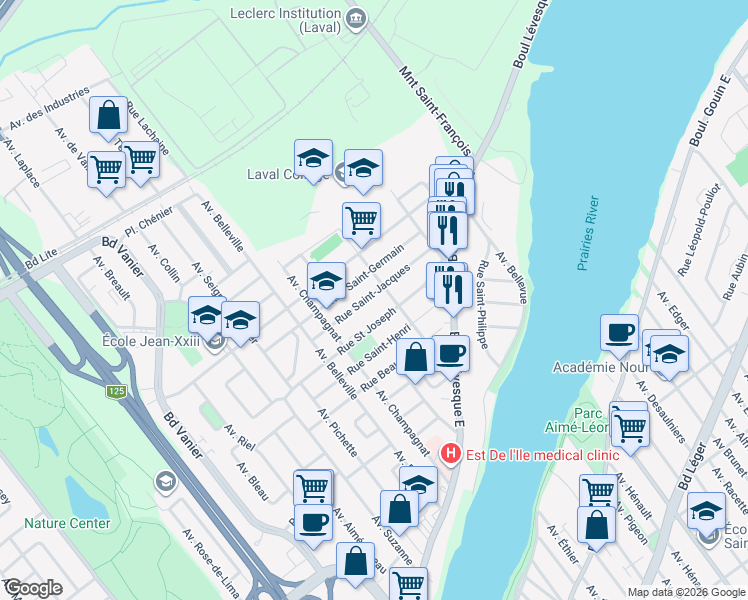 map of restaurants, bars, coffee shops, grocery stores, and more near 4924 Rue Saint-Jacques in Laval