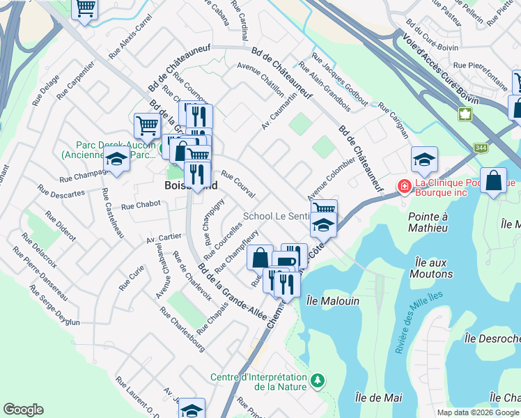 map of restaurants, bars, coffee shops, grocery stores, and more near 220 Rue Courcelles in Boisbriand