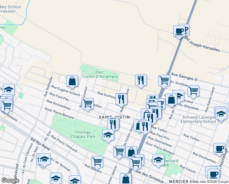 map of restaurants, bars, coffee shops, grocery stores, and more near 5228 Rue Gabrièle-Frascadore in Montréal