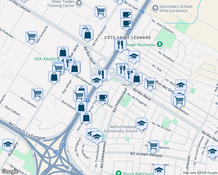 map of restaurants, bars, coffee shops, grocery stores, and more near 7802 Avenue Pigeon in Montréal