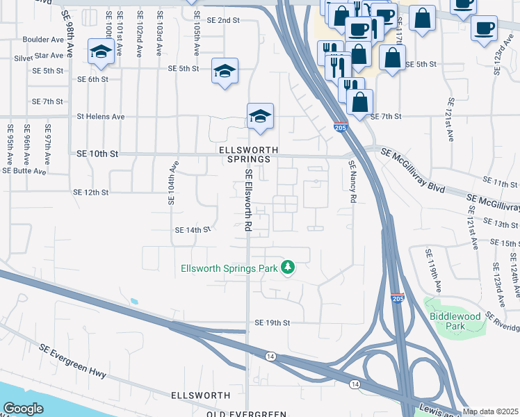 map of restaurants, bars, coffee shops, grocery stores, and more near 1319 Southeast Ellsworth Road in Vancouver