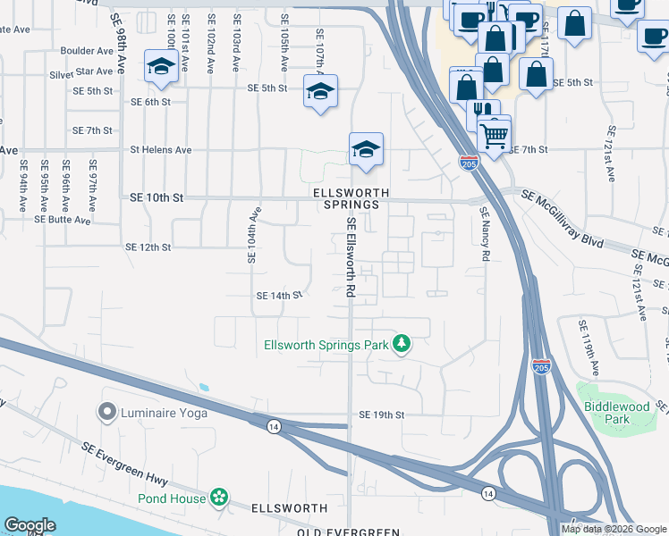 map of restaurants, bars, coffee shops, grocery stores, and more near 1300 Southeast Ellsworth Road in Vancouver