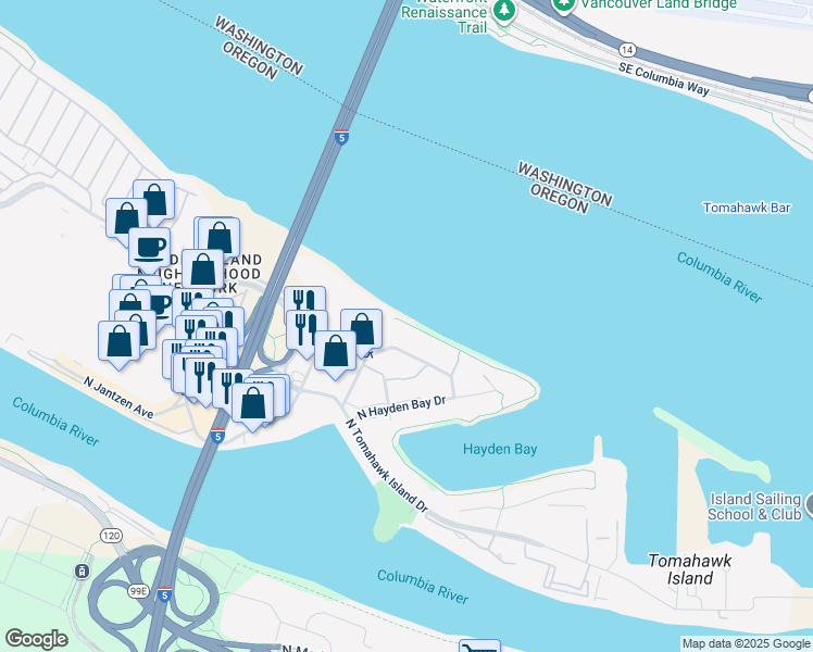 map of restaurants, bars, coffee shops, grocery stores, and more near 707 North Hayden Island Drive in Portland