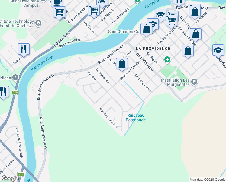 map of restaurants, bars, coffee shops, grocery stores, and more near 16025 Avenue Richelieu in Saint-Hyacinthe