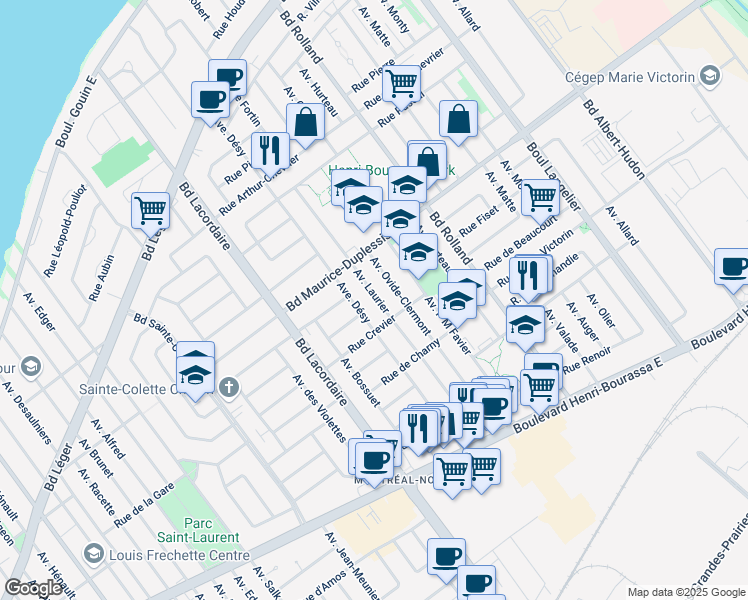 map of restaurants, bars, coffee shops, grocery stores, and more near 11740 Avenue Laurier in Montréal